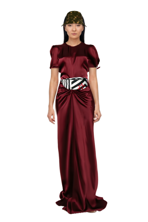 Outfit plume mesh fabric sneakers and gathered maxi dress