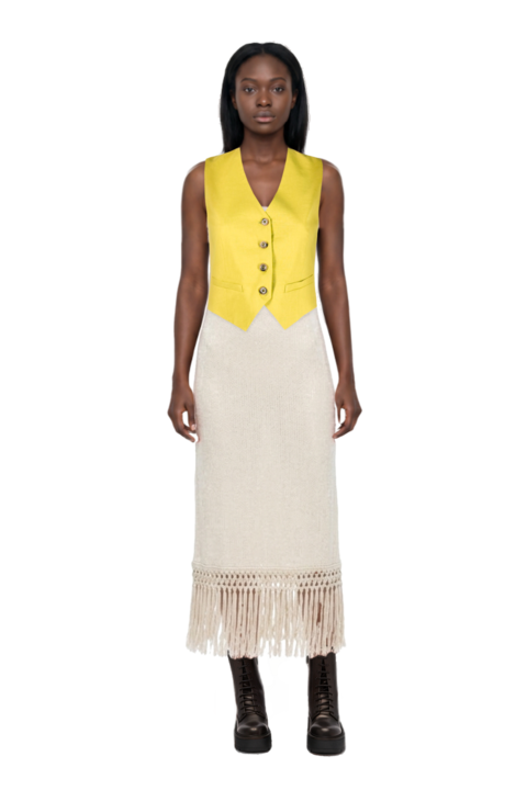 Outfit agrigento disco sequin fringed midi dress and pinko waistcoat