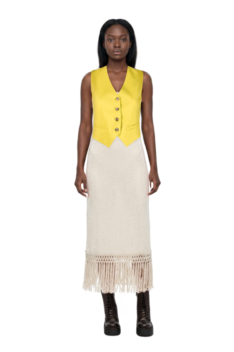 Outfit agrigento disco sequin fringed midi dress and pinko waistcoat