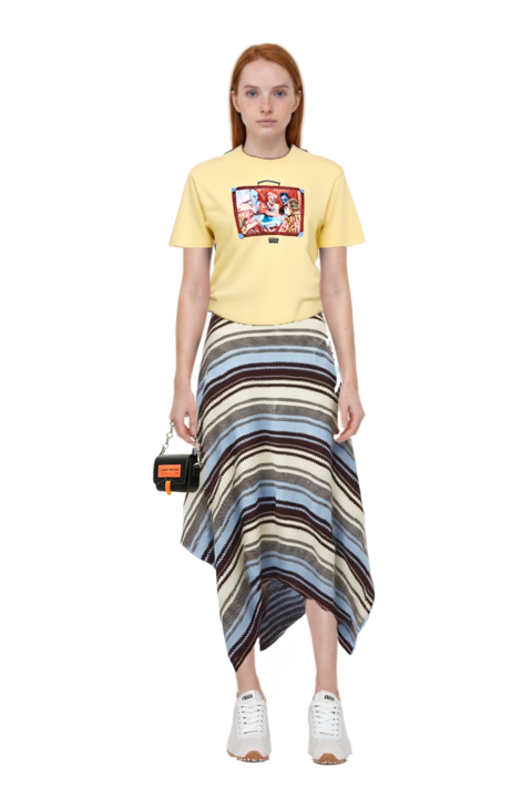 Outfit striped handkerchief-hem midi skirt and plume mesh fabric sneakers