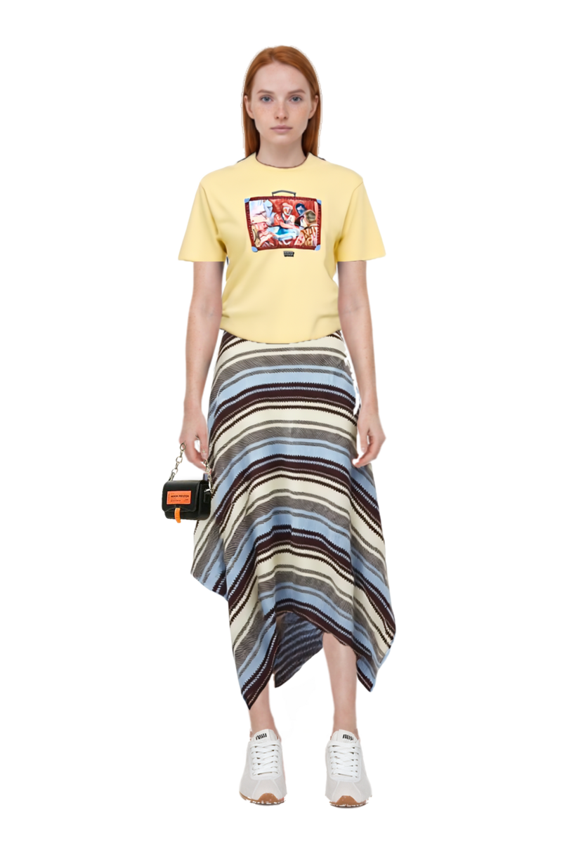 Outfit striped handkerchief-hem midi skirt and plume mesh fabric sneakers
