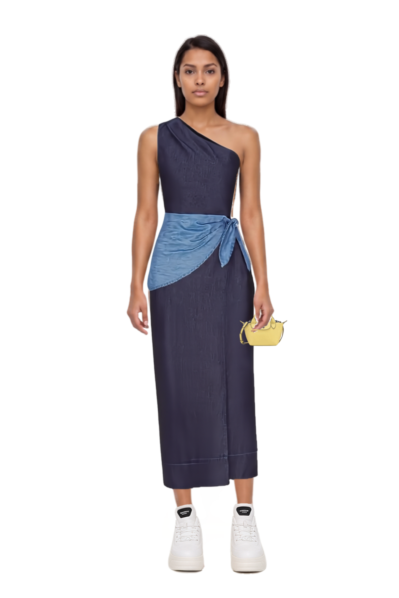 Outfit belem chambray one-shoulder midi dress and le pliage xtra xs handbag