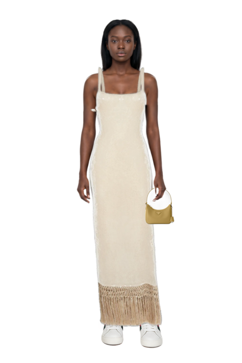 Outfit agrigento disco sequin fringed midi dress and re-edition 2005 saffiano leather mini-bag