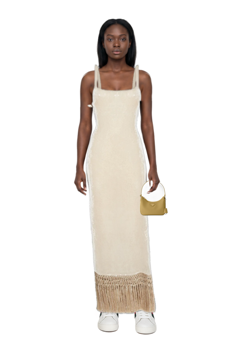 Outfit agrigento disco sequin fringed midi dress and re-edition 2005 saffiano leather mini-bag
