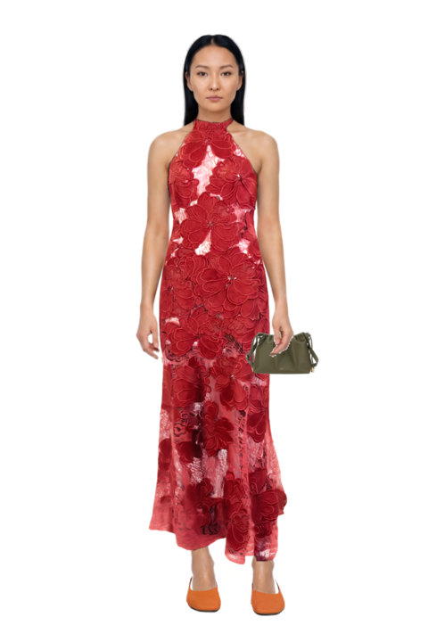 Outfit mab floral lace maxi dress and gathered shoulder bag