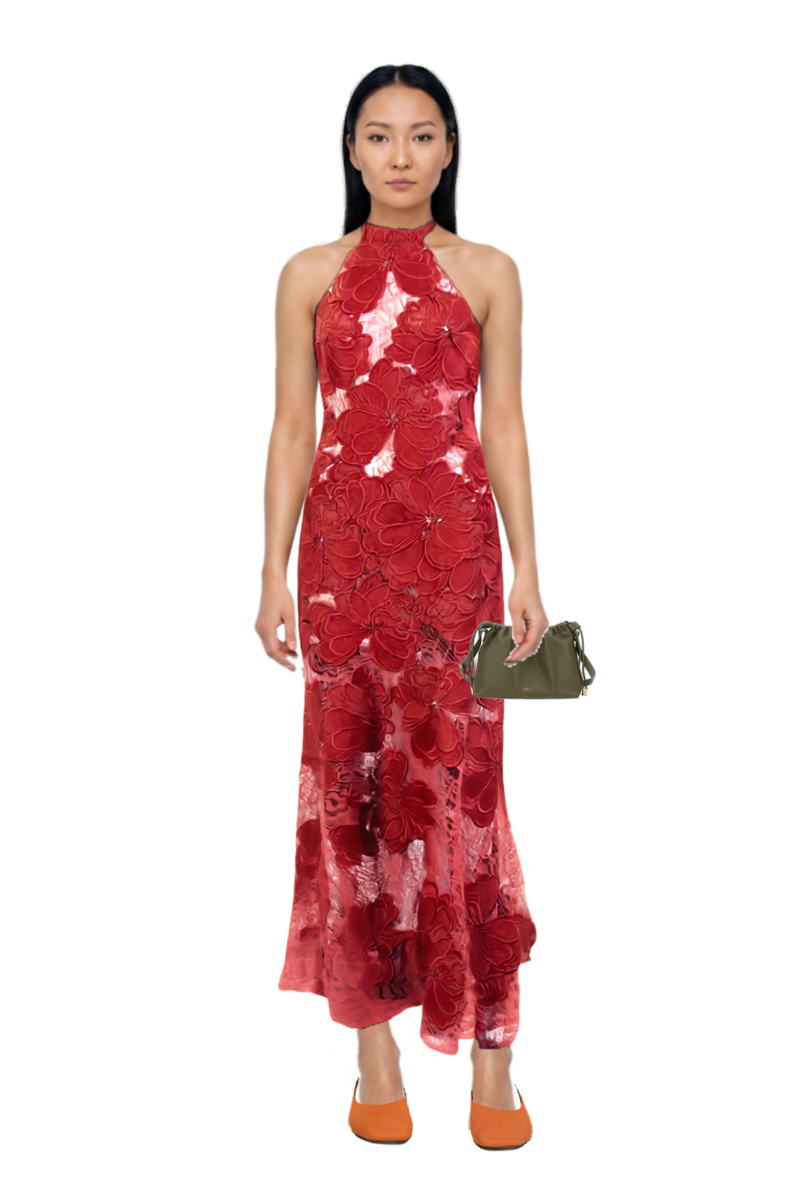 Outfit mab floral lace maxi dress and gathered shoulder bag