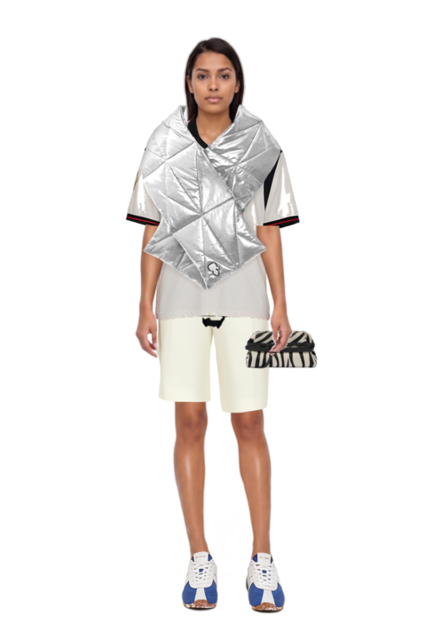 Outfit zebra-print leather clutch bag and pleat-detail tailored shorts