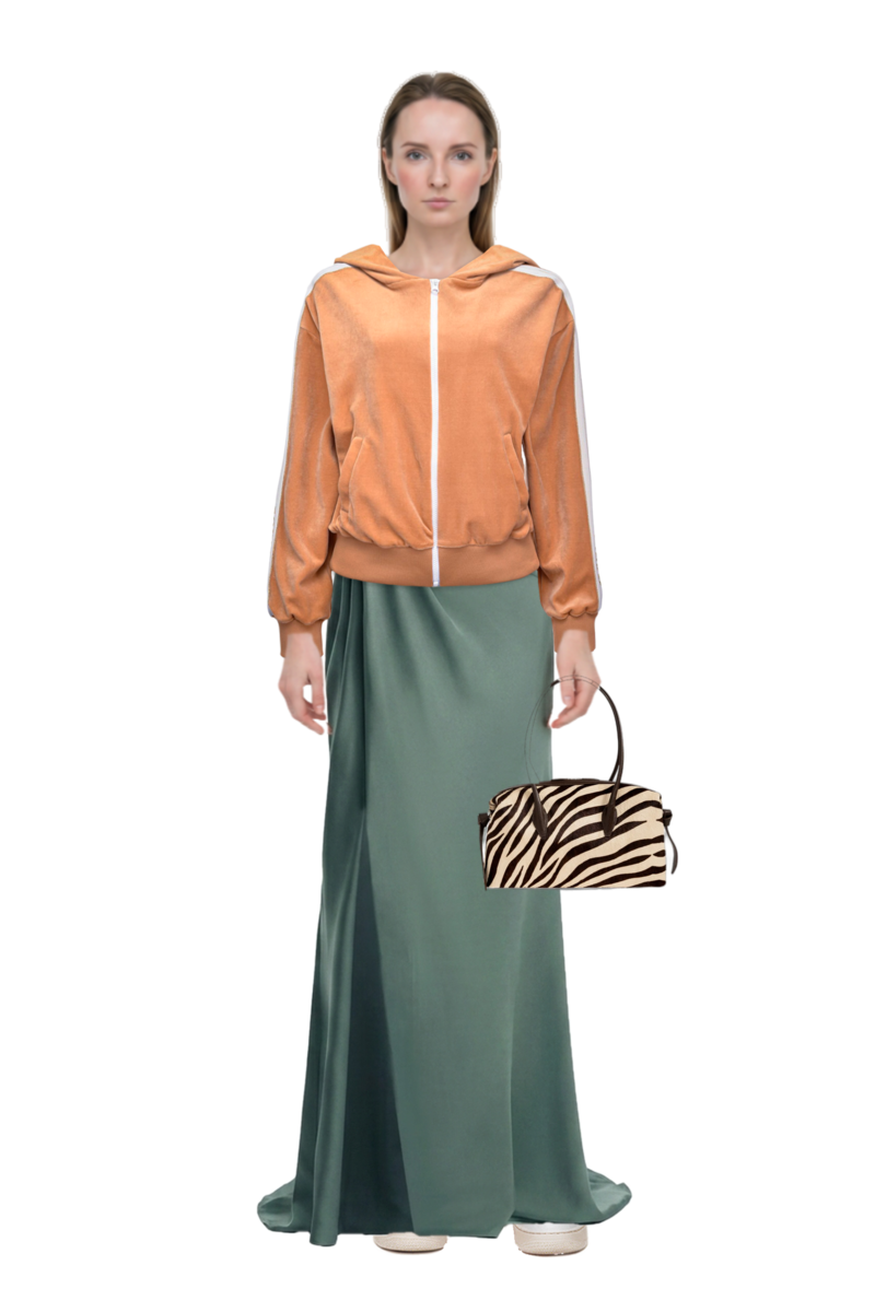 Outfit brioche duffle zebra-print shoulder bag and one-shoulder satin maxi dress