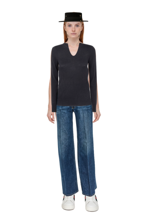 Outfit crew-neck cashmere sweater  and pressed-crease straight-leg jeans