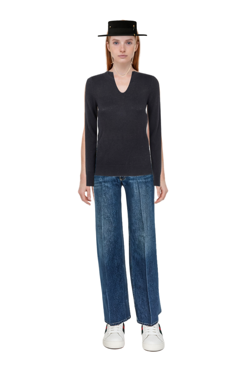 Outfit crew-neck cashmere sweater  and pressed-crease straight-leg jeans