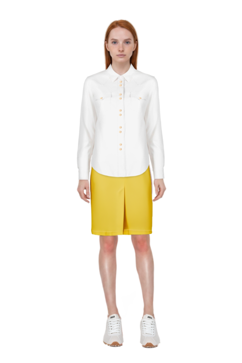 Outfit plume mesh fabric sneakers and waxed canvas skirt