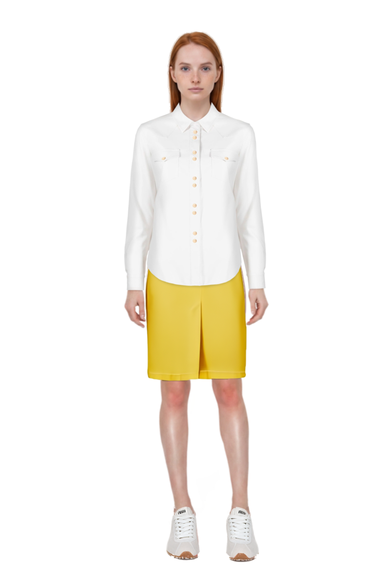 Outfit plume mesh fabric sneakers and waxed canvas skirt