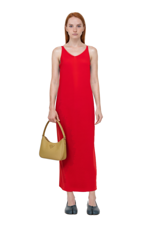 Outfit asymmetric sleeveless dress and re-edition 2005 saffiano leather mini-bag
