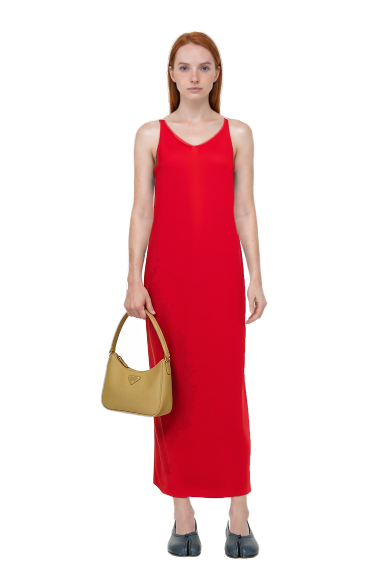 Outfit asymmetric sleeveless dress and re-edition 2005 saffiano leather mini-bag
