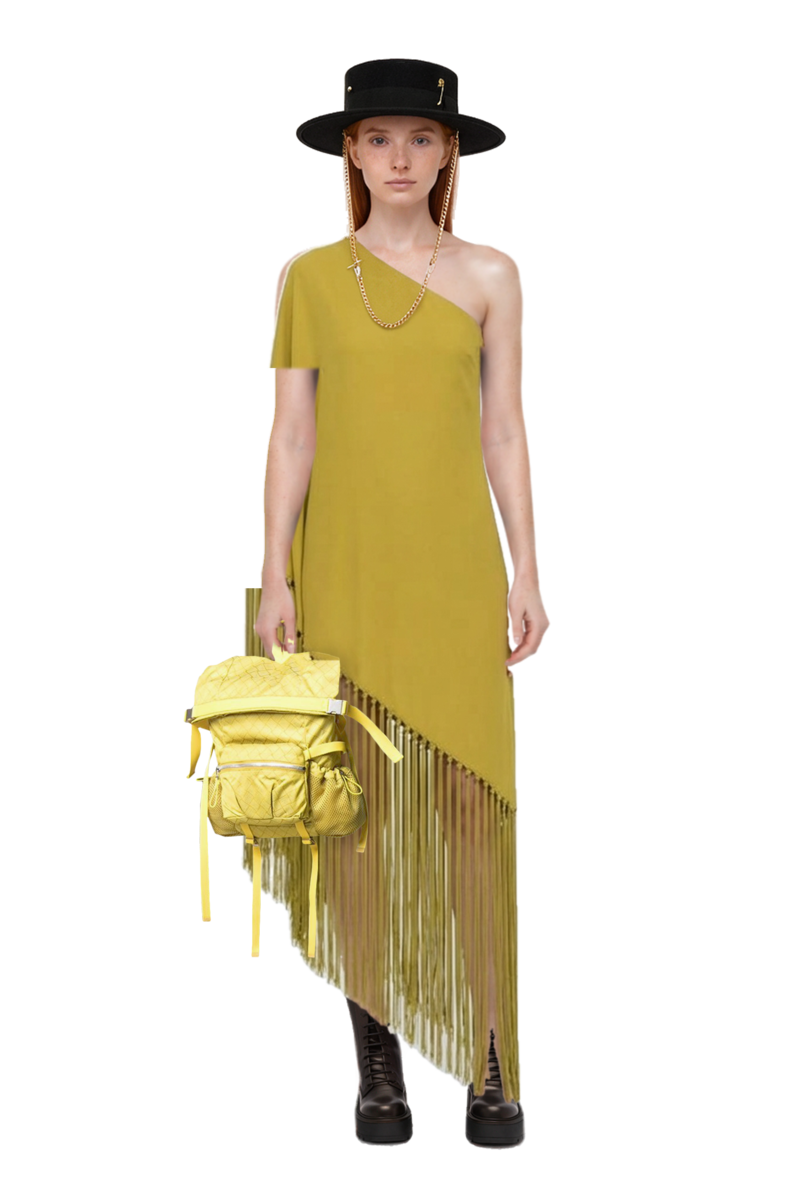 Outfit gunilla fringed one-shoulder dress and 23 backpack