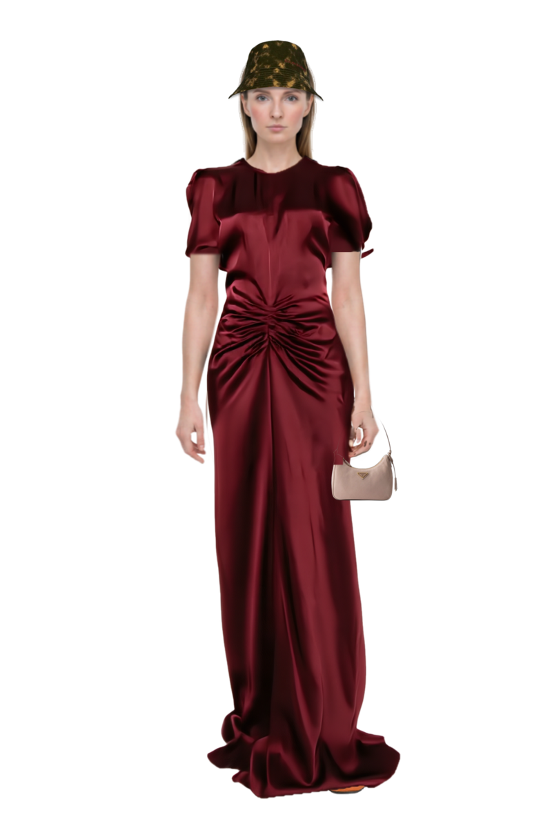 Outfit re-edition 2005 nubuck and saffiano leather mini-bag and gathered maxi dress