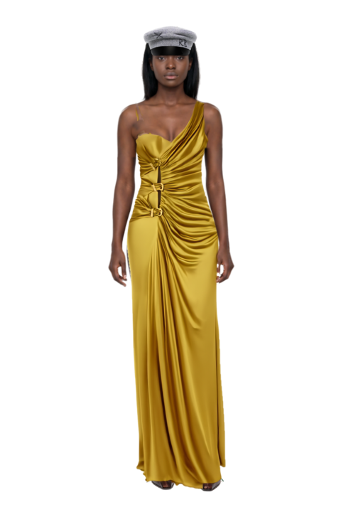 Outfit lace-up pointed-toe pumps and ruched evening gown