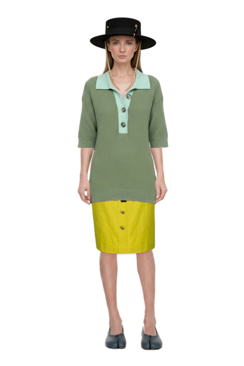 Outfit waffle-knit short-sleeve sweater and tabi ballet flats