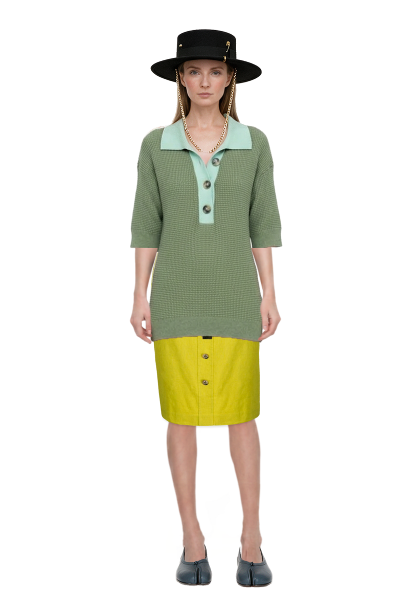 Outfit waffle-knit short-sleeve sweater and tabi ballet flats