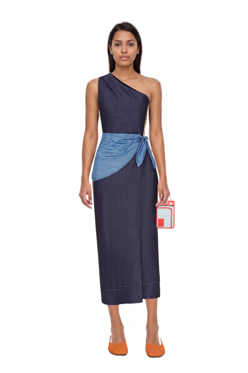 Outfit belem chambray one-shoulder midi dress and 23 wallet