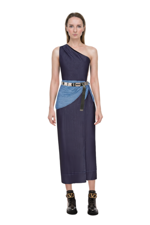 Outfit belem chambray one-shoulder midi dress and 23 trouser belt
