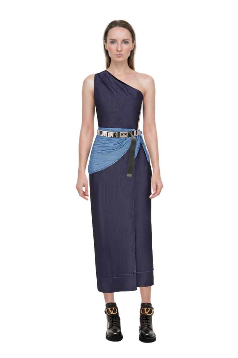 Outfit belem chambray one-shoulder midi dress and 23 trouser belt