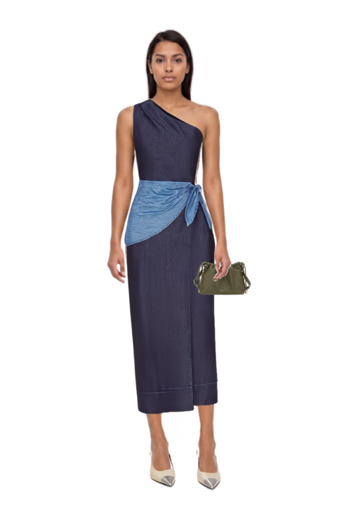 Outfit belem chambray one-shoulder midi dress and cassandre-plaque pumps