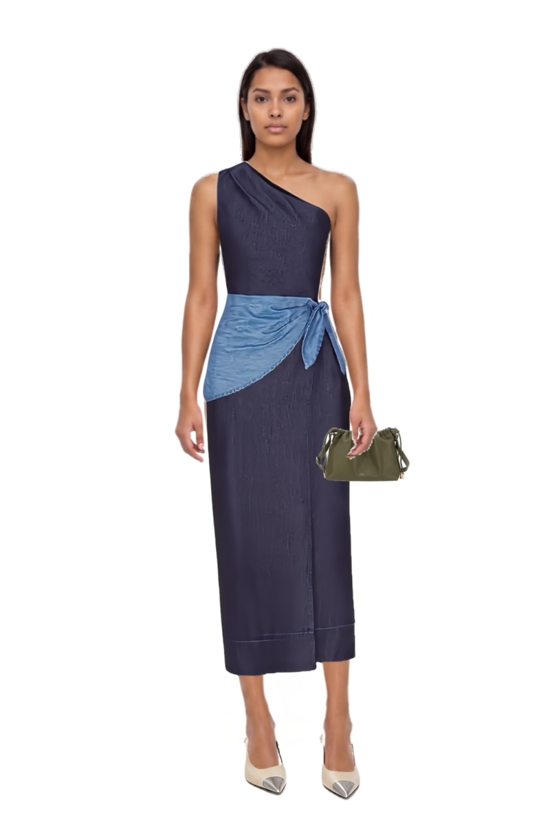Outfit belem chambray one-shoulder midi dress and cassandre-plaque pumps