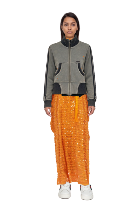 Outfit caracciolo kaftan dress  and x avavav cropped track jacket