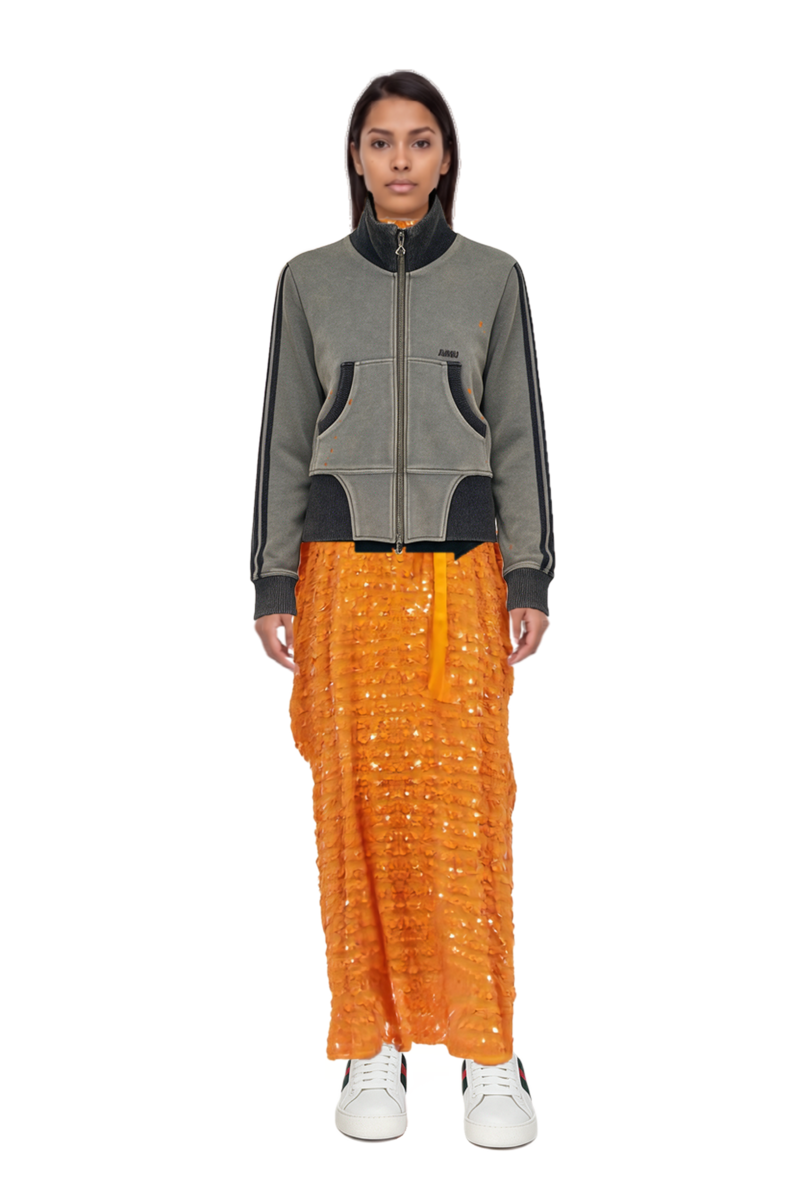 Outfit caracciolo kaftan dress  and x avavav cropped track jacket