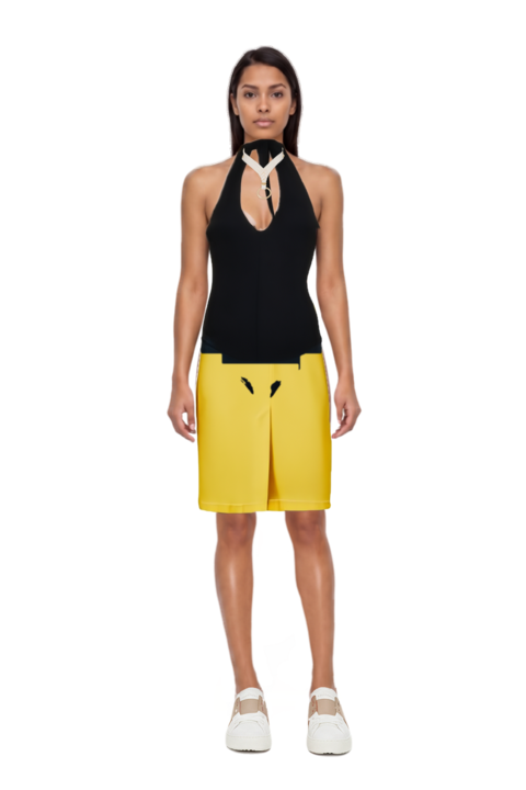 Outfit jersey backless top and waxed canvas skirt