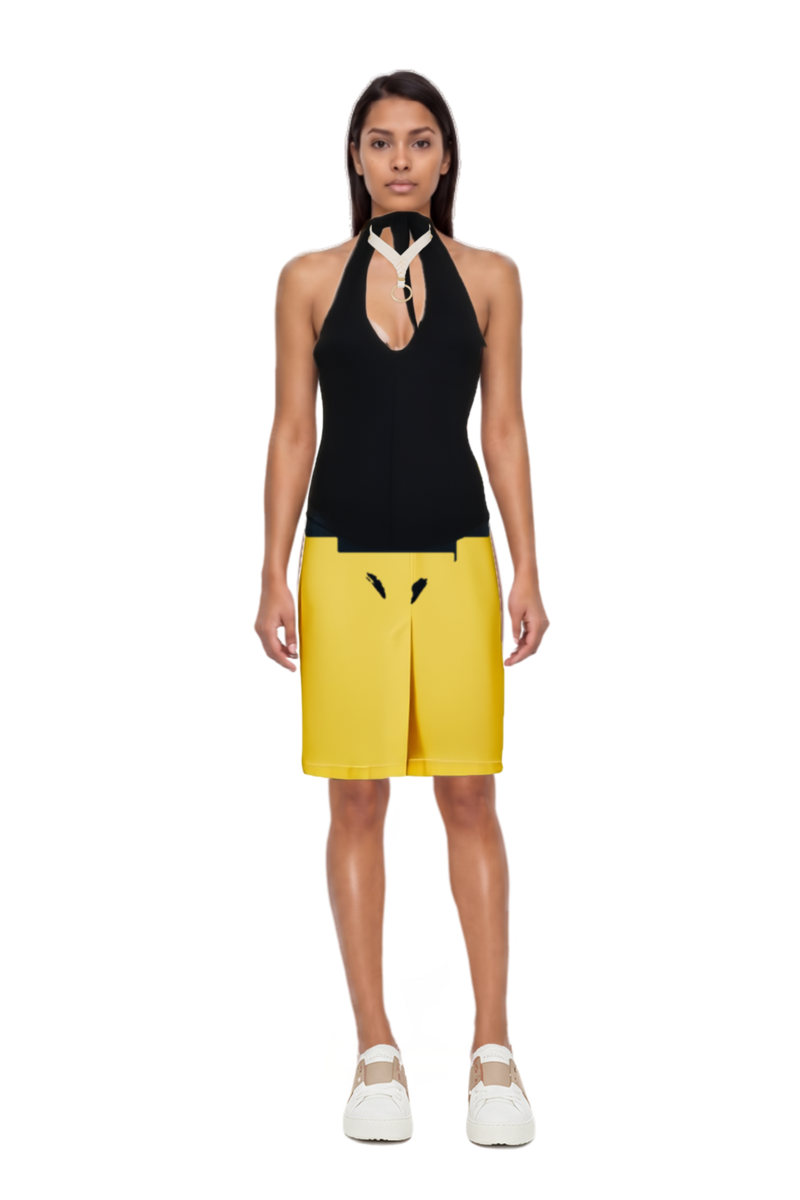 Outfit jersey backless top and waxed canvas skirt