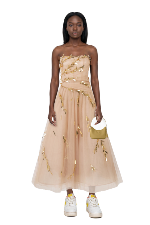 Outfit re-edition 2005 saffiano leather mini-bag and embroidered tulle strapless midi dress