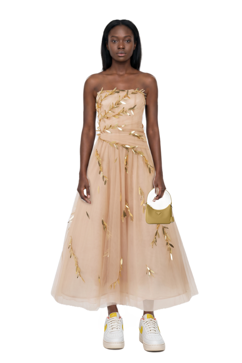 Outfit re-edition 2005 saffiano leather mini-bag and embroidered tulle strapless midi dress