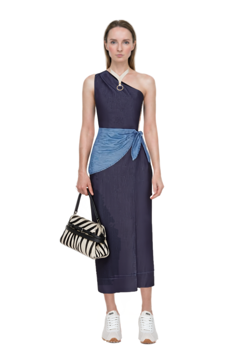 Outfit belem chambray one-shoulder midi dress and plume mesh fabric sneakers