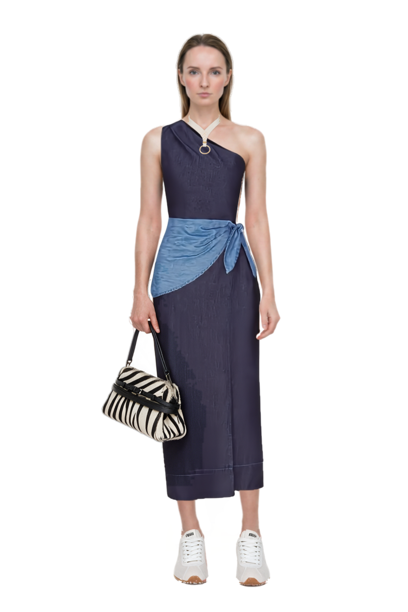 Outfit belem chambray one-shoulder midi dress and plume mesh fabric sneakers