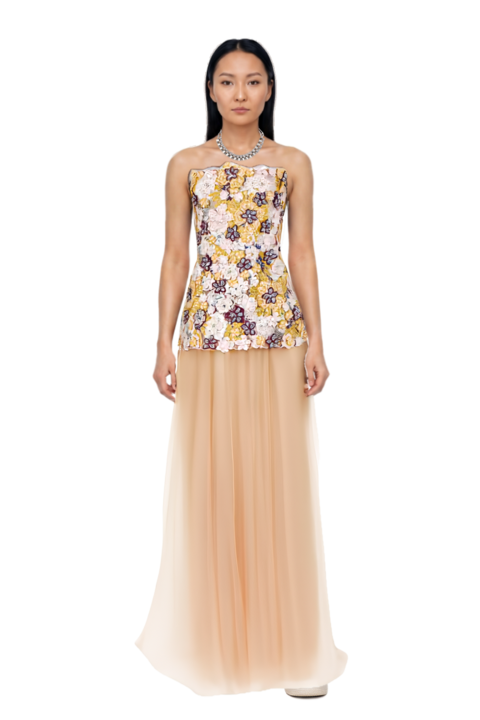 Outfit thia floral-embroidered strapless maxi dress and air force 1 '07 lx "white/phantom/pearl white/yell" sneakers