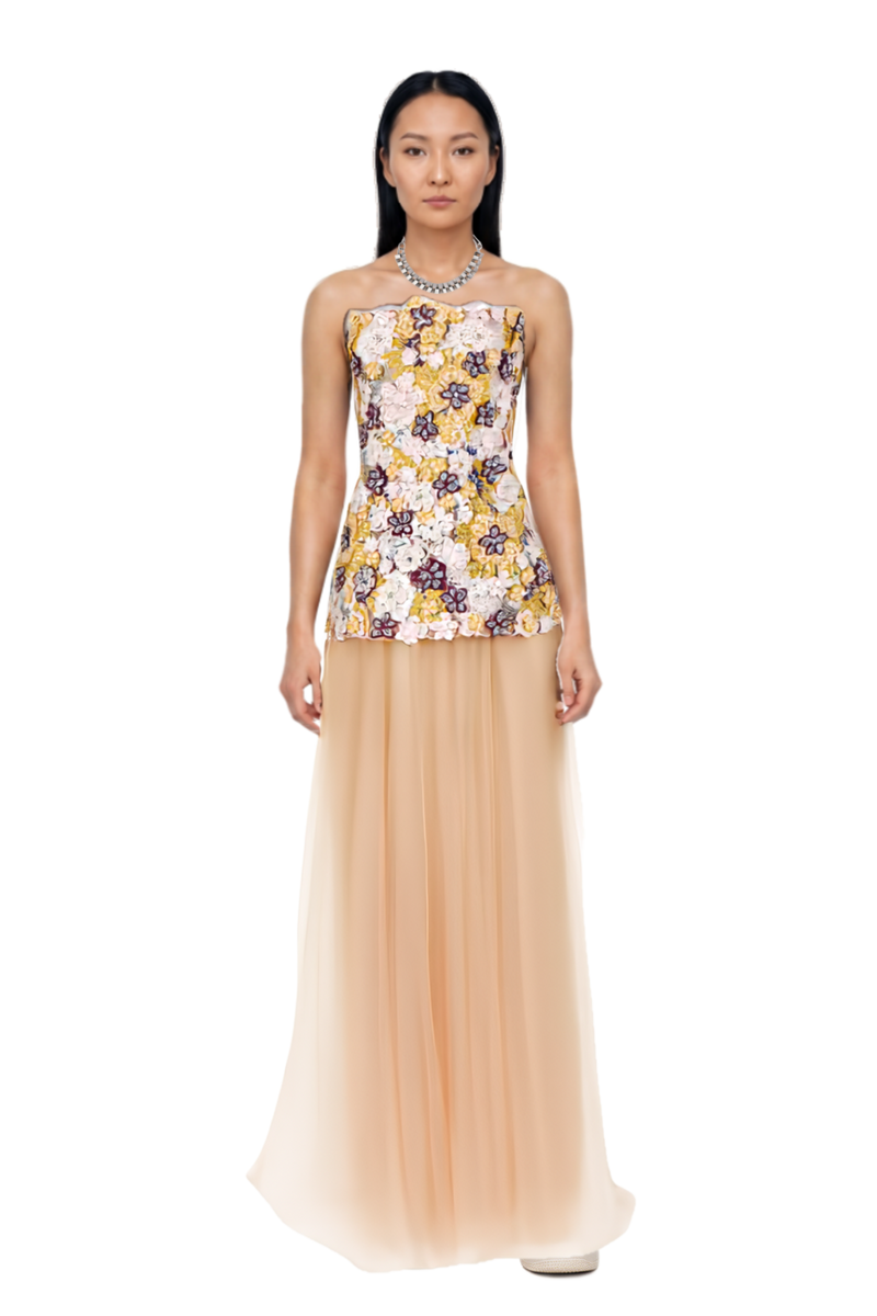 Outfit thia floral-embroidered strapless maxi dress and air force 1 '07 lx "white/phantom/pearl white/yell" sneakers