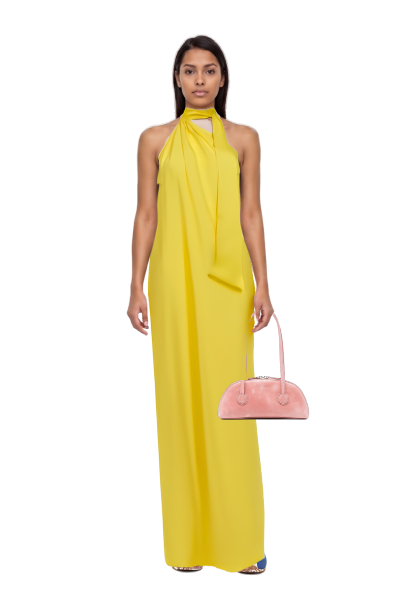 Outfit astor halterneck maxi dress and bessette leather tote bag