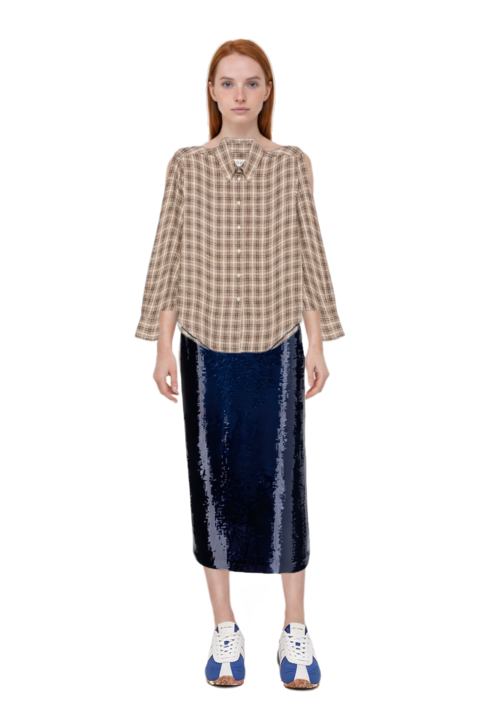Outfit check-pattern shirt and sequin-embellished pencil skirt