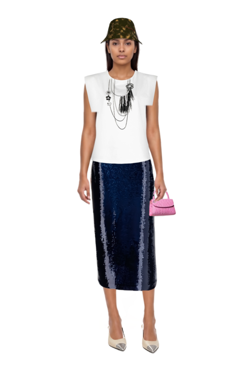 Outfit sequin-embellished pencil skirt and cassandre-plaque pumps