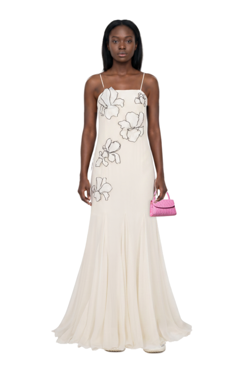 Outfit bubble technical fabric and suede sneakers and flower-appliqués silk maxi dress