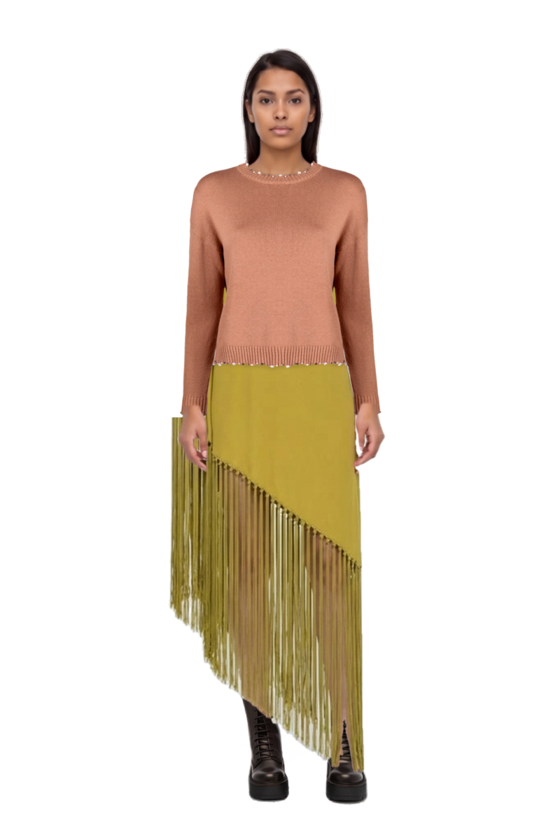 Outfit gunilla fringed one-shoulder dress and pinko sweater