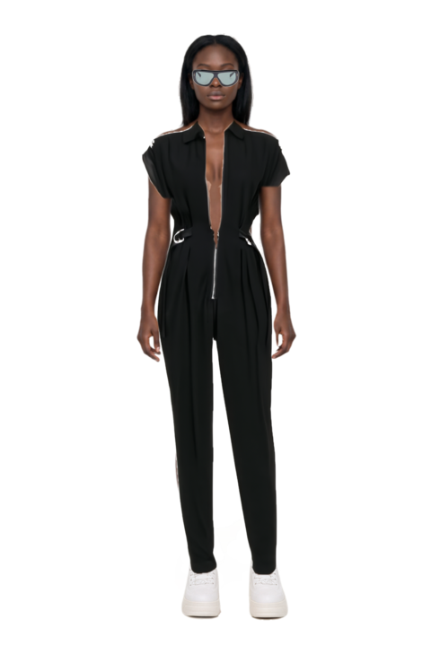 Outfit geometric-frame sunglasses and pinko jumpsuit