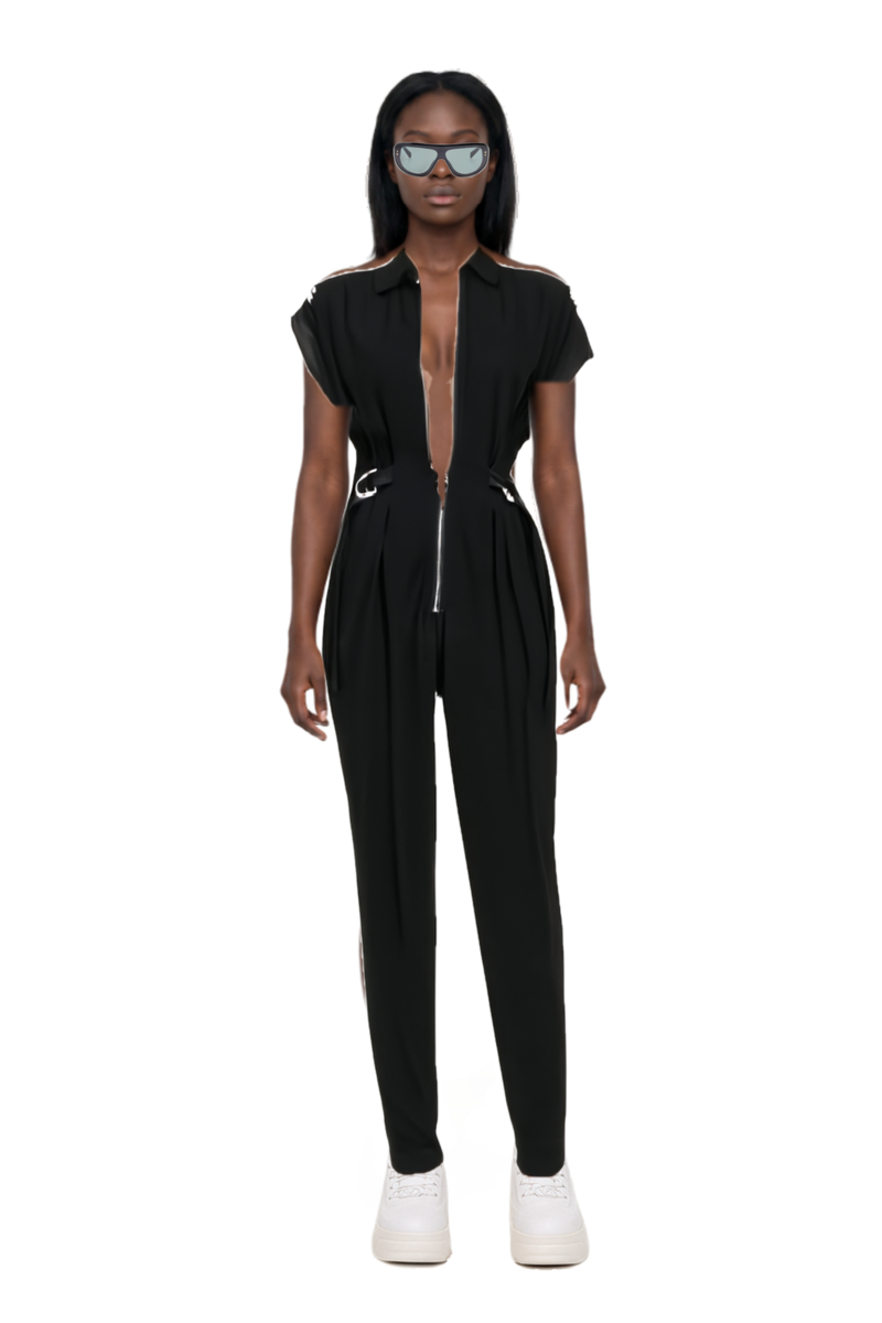 Outfit geometric-frame sunglasses and pinko jumpsuit