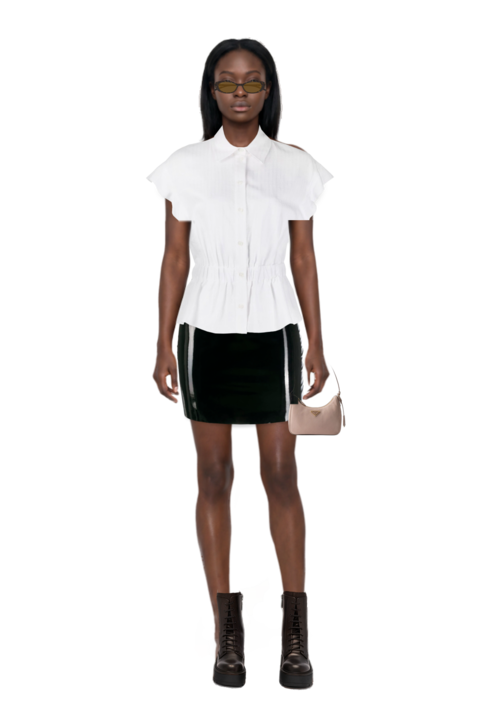 Outfit oval-frame sunglasses and re-edition 2005 nubuck and saffiano leather mini-bag