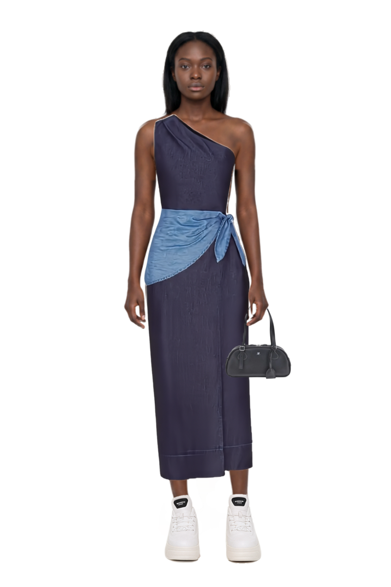 Outfit belem chambray one-shoulder midi dress and medium friday curved tote bag