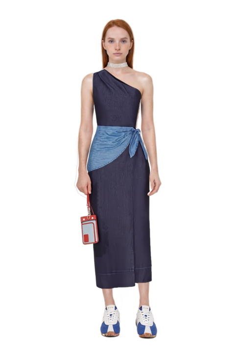 Outfit belem chambray one-shoulder midi dress and the 400 bleecker runner sneakers