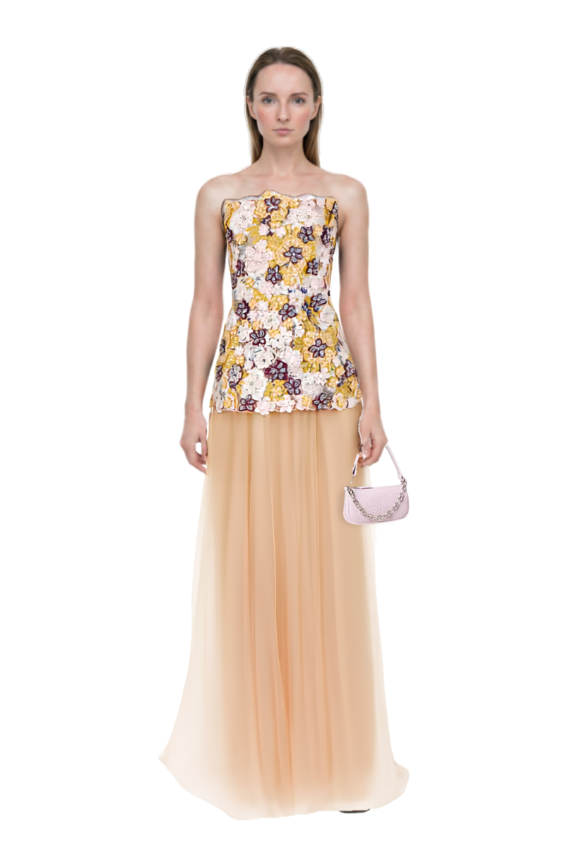 Outfit thia floral-embroidered strapless maxi dress and 23 bag