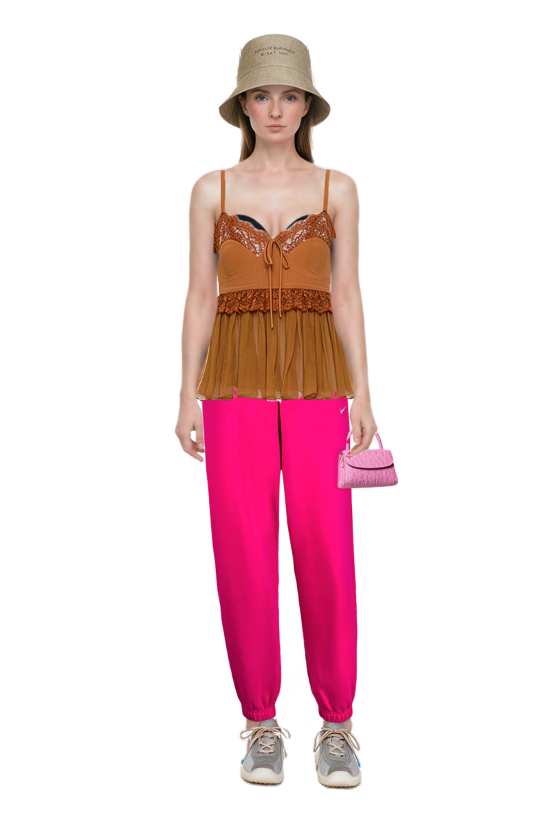 Outfit lace-trim blouse and bubble technical fabric and suede sneakers